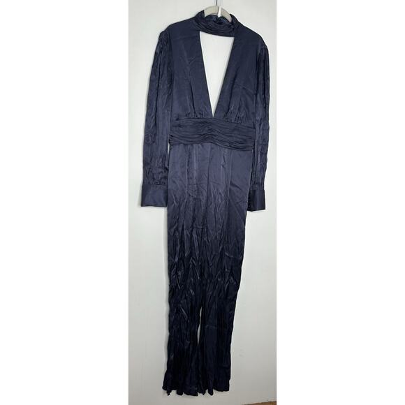 Sheike Satin Long Sleeve Choker Jumpsuit Women AU 14 Blue Wide Legs NWOT - Picture 4 of 9